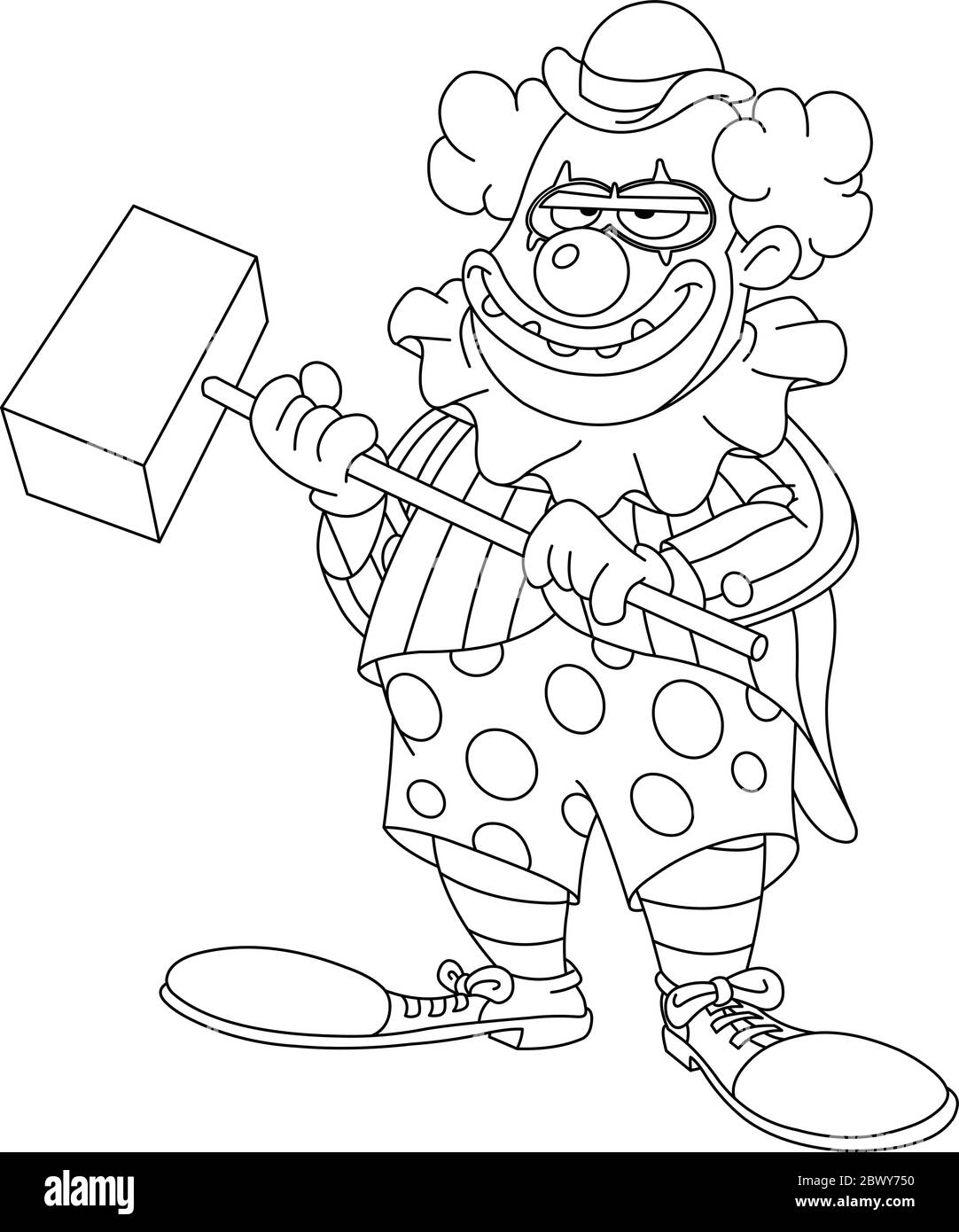 Outlined evil scary clown holding a hammer vector line art illustration coloring page stock vector image art