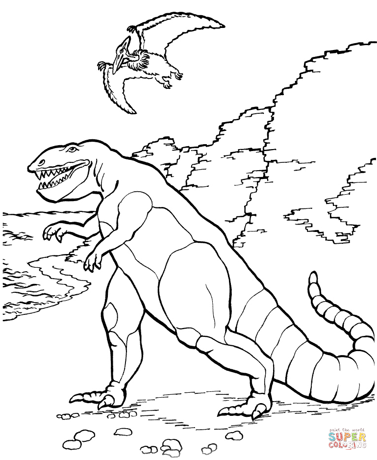 Tarbosaurus and pteranodon coloring page free printable coloring pages