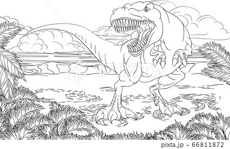 Dinosaur t rex scene cartoon coloring book page