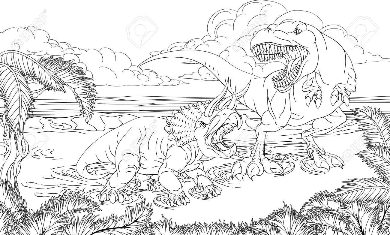 Dinosaur trex triceratops scene coloring book page royalty free svg cliparts vectors and stock illustration image