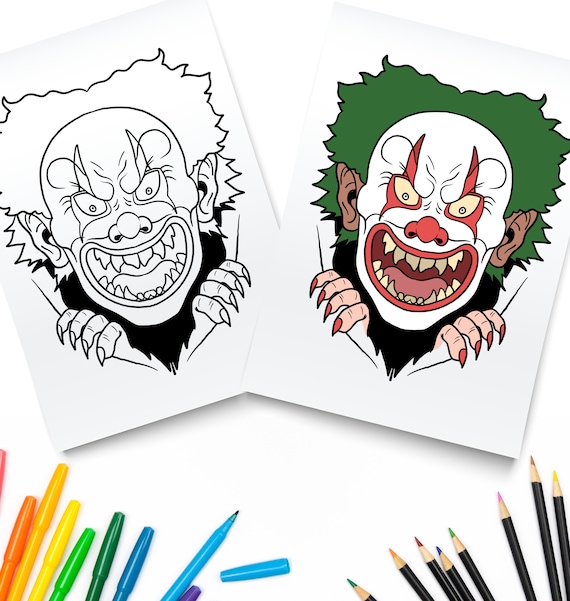 Printable clown tearing through picture digital download scary clown coloring page