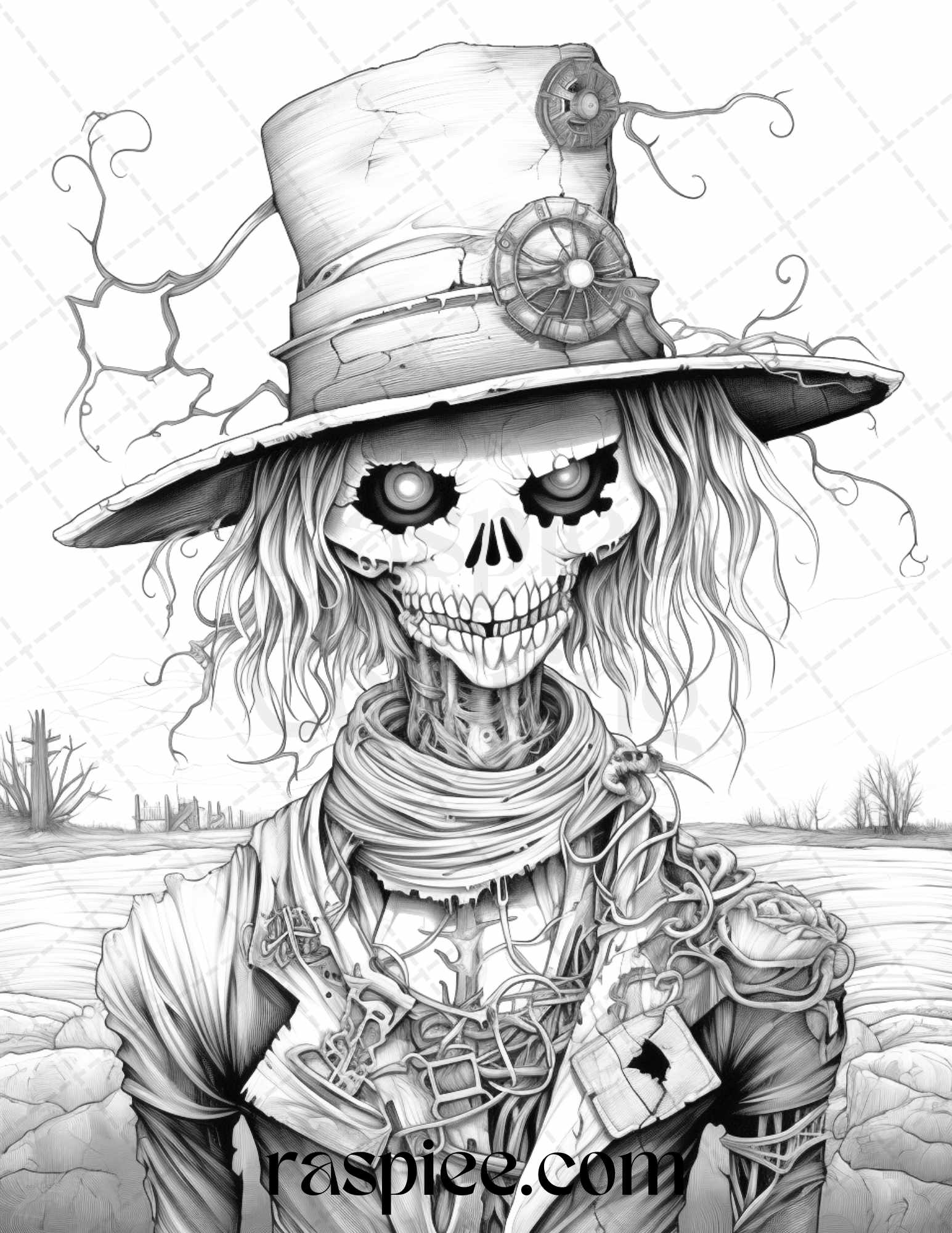 Scary steampunk scarecrows grayscale coloring pages printable for a â coloring