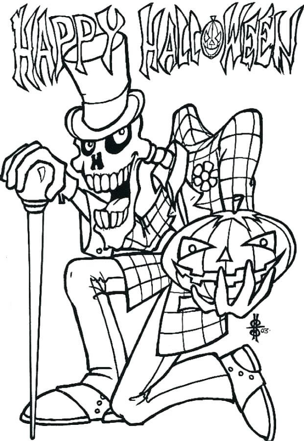 Happy halloween with scary skeleton coloring page