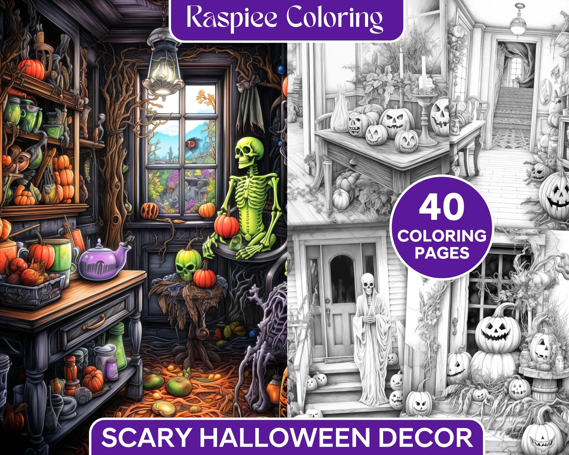 Spooky halloween home decor printable grayscale coloring pages for â coloring