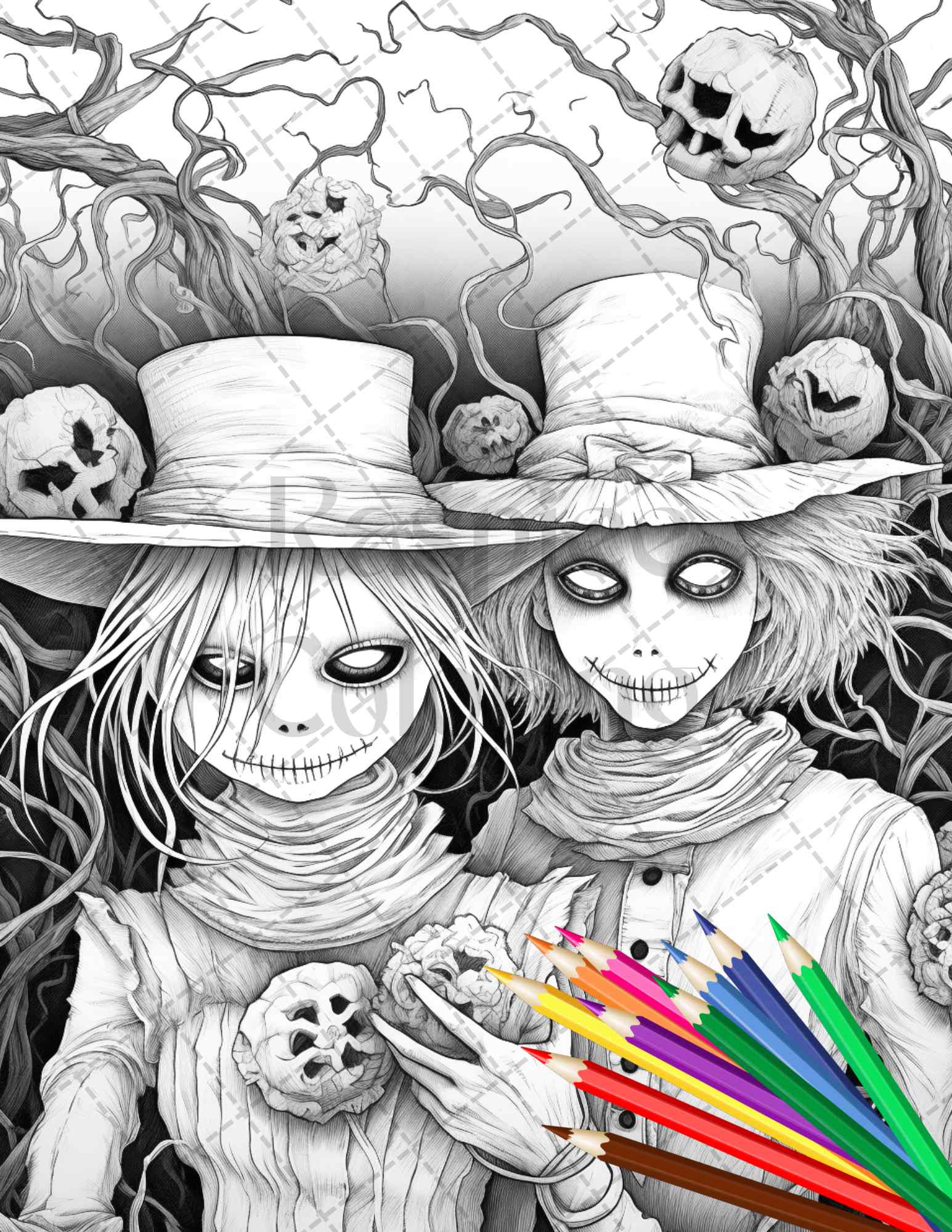 Scary scarecrows grayscale coloring pages printable for adults hal â coloring