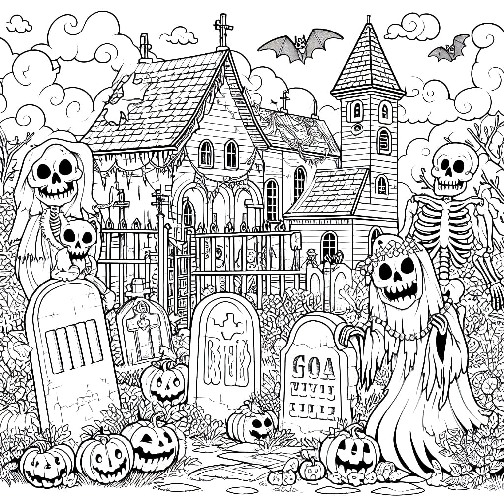 Scary halloween cemetery coloring page