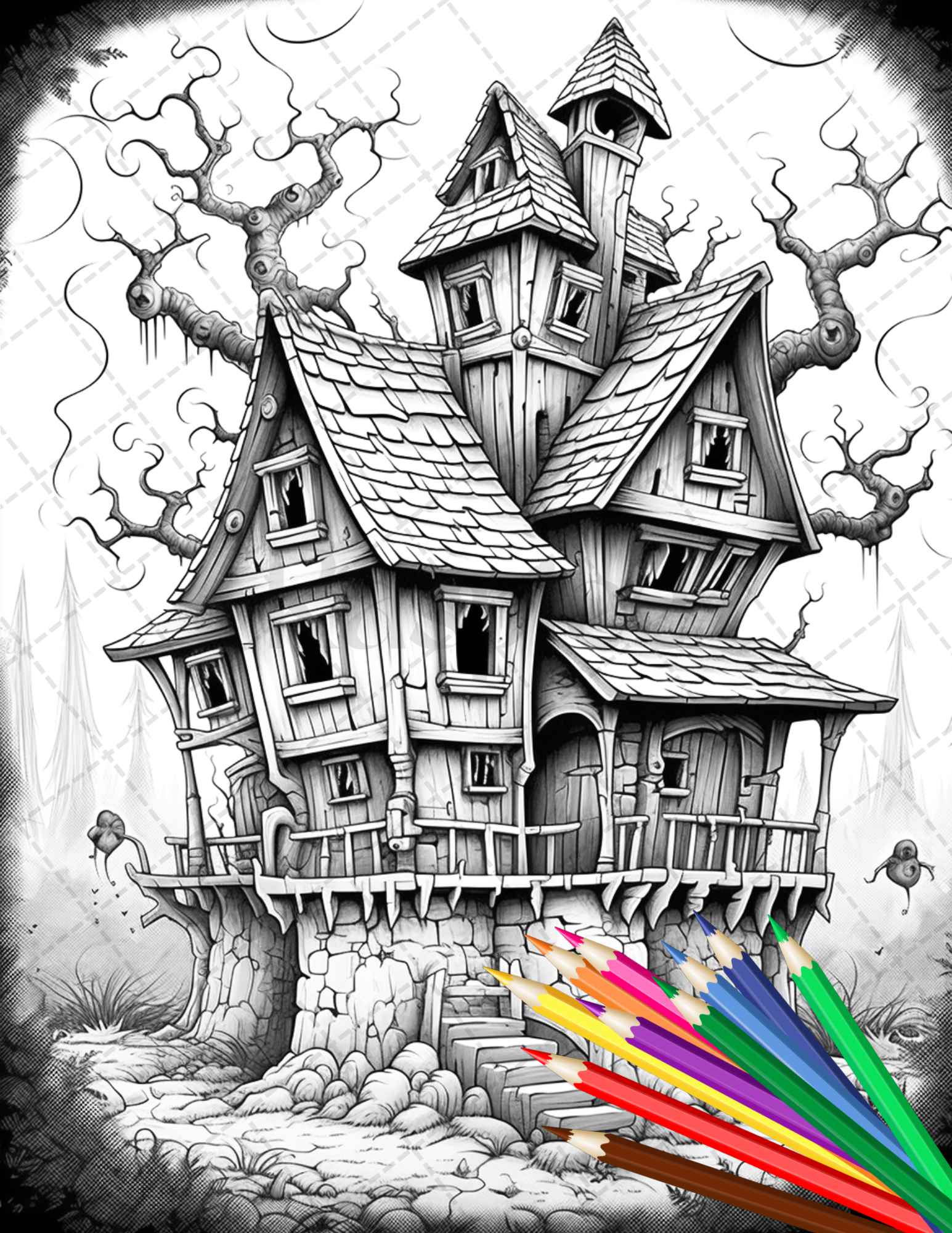 Spooky houses coloring pages printable for adults grayscale colori â coloring