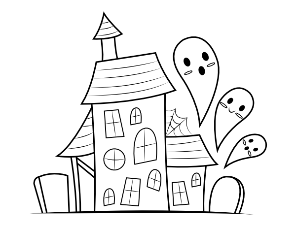 Printable cute ghosts and haunted house coloring page