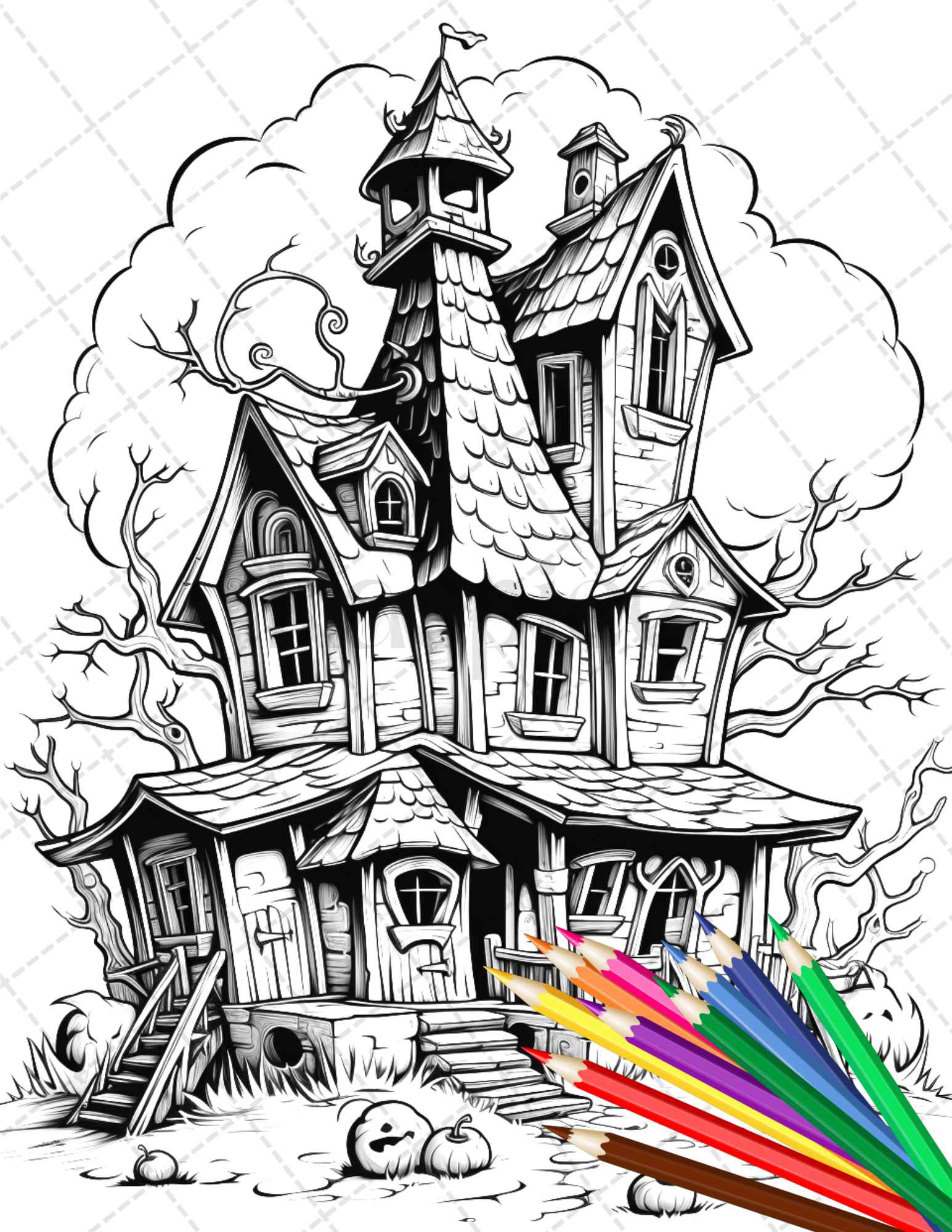 Spooky houses coloring pages printable for adults grayscale colori â coloring