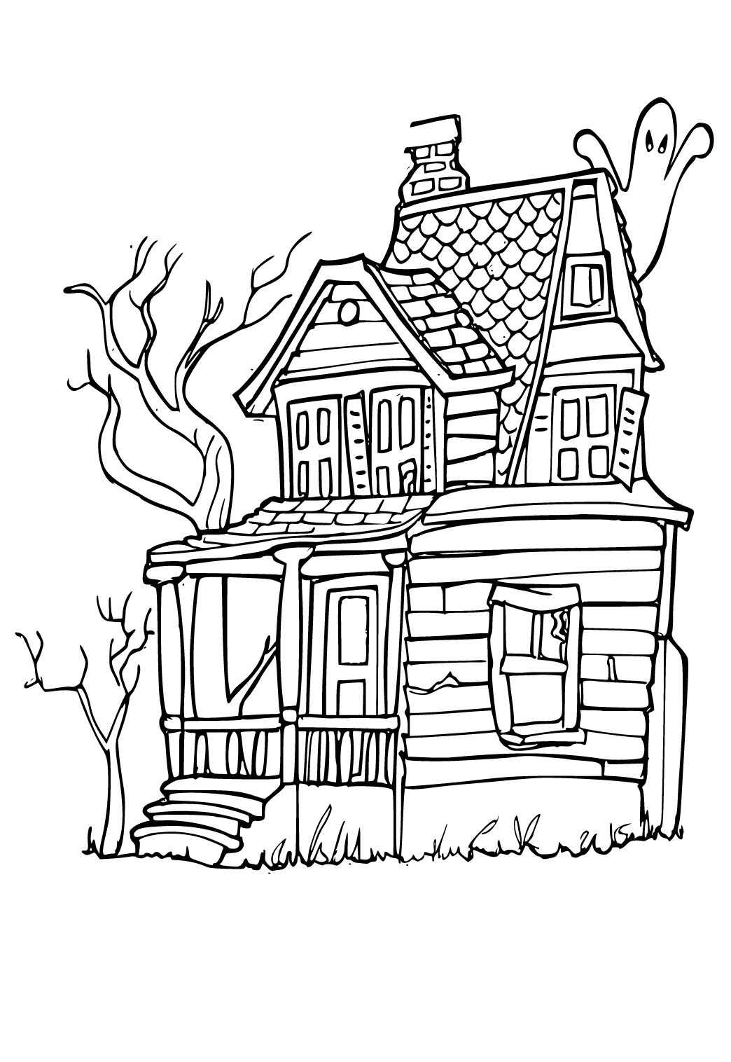 Free printable spooky house coloring page for adults and kids