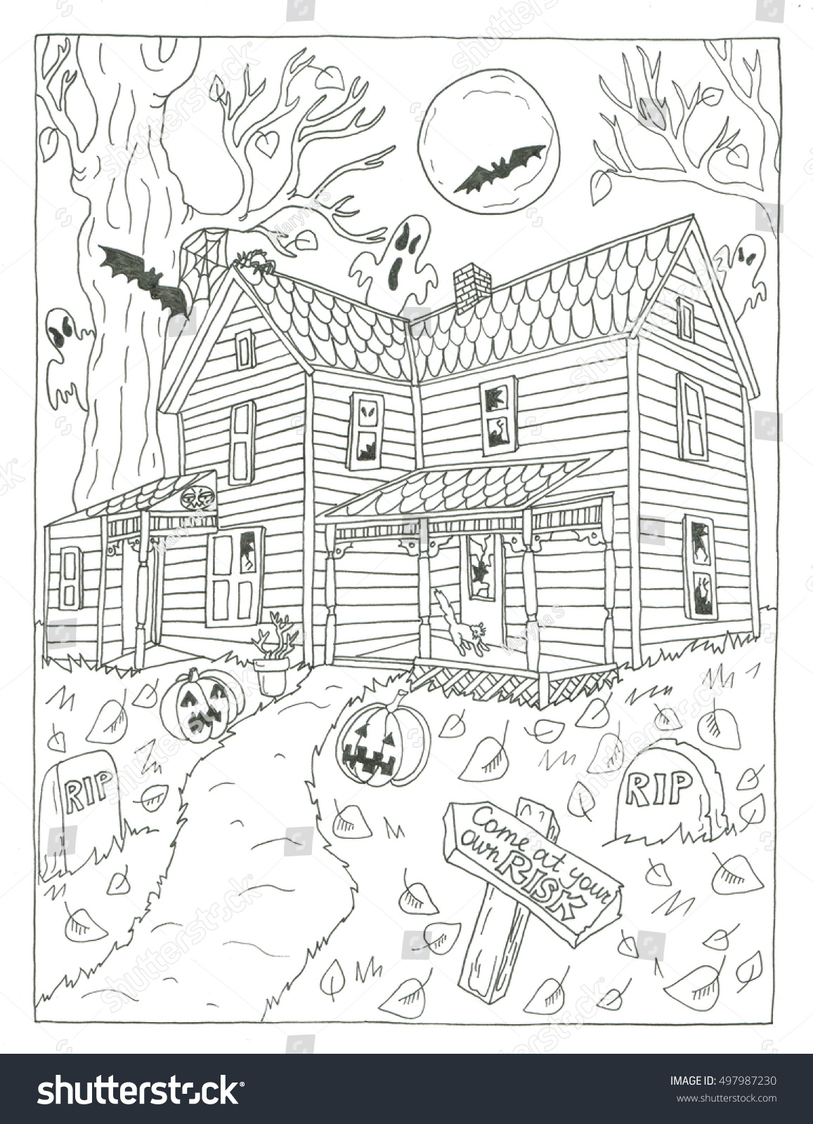 Scary house halloween coloring page stock illustration