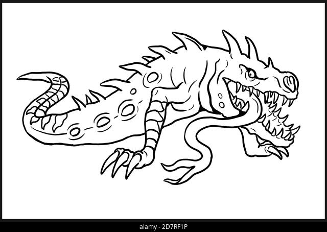 Fantasy monster drawing mutant crocodile coloring template stock photo