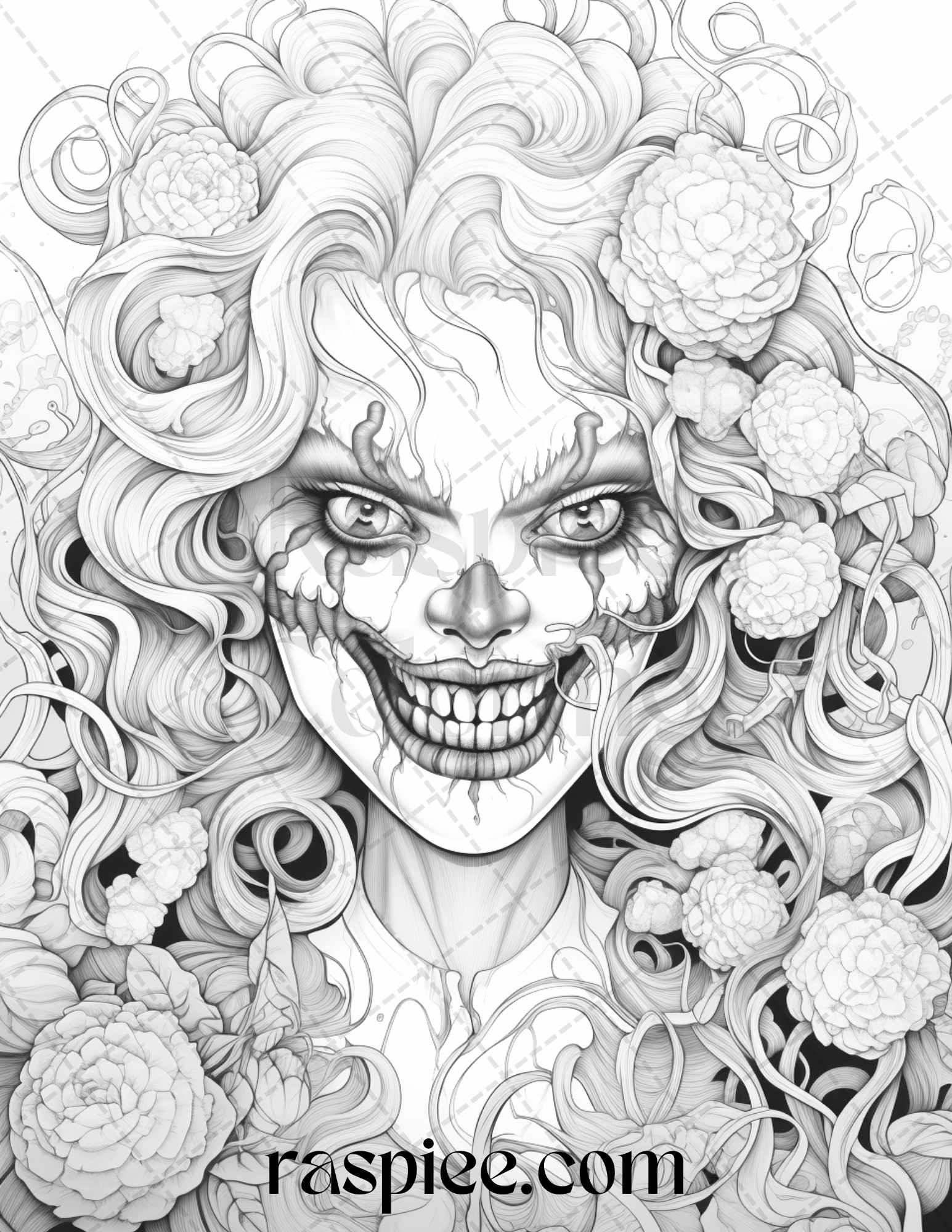 Scary clown girls grayscale coloring pages printable for adults pd â coloring