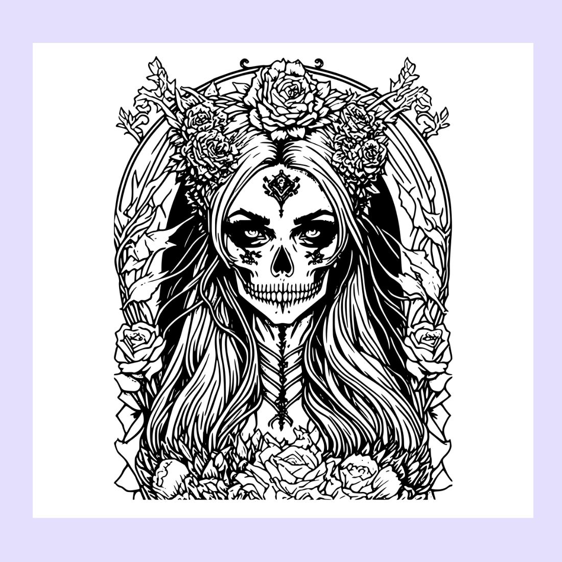 A gothic girl with a skull and roses headdress horror and creepy coloring pages bundle for adults