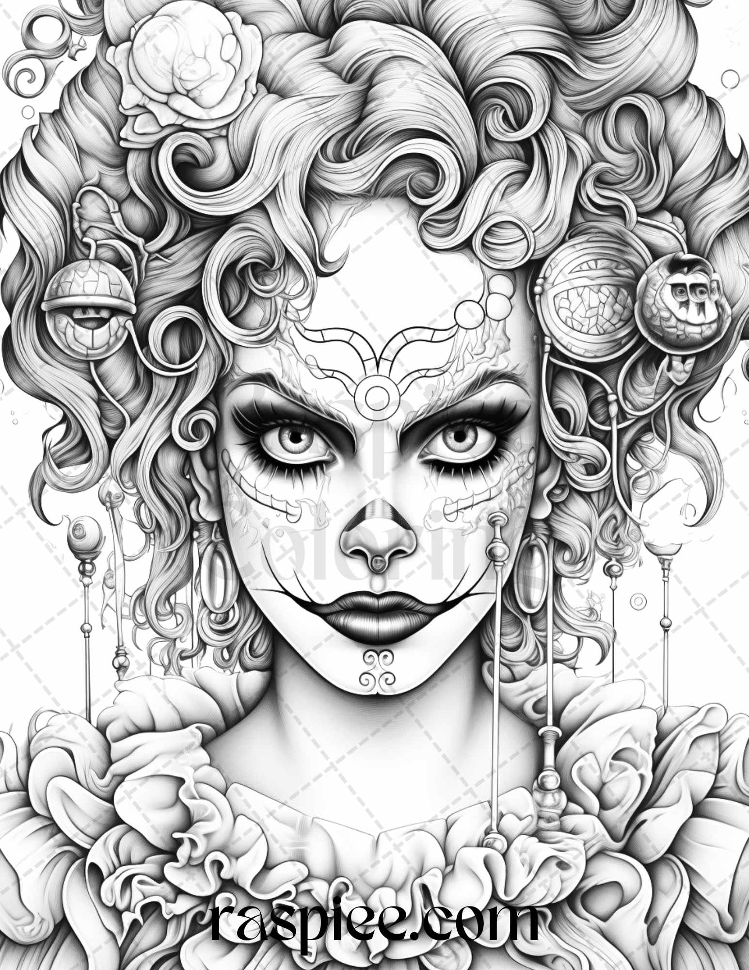 Scary clown girls grayscale coloring pages printable for adults pd â coloring