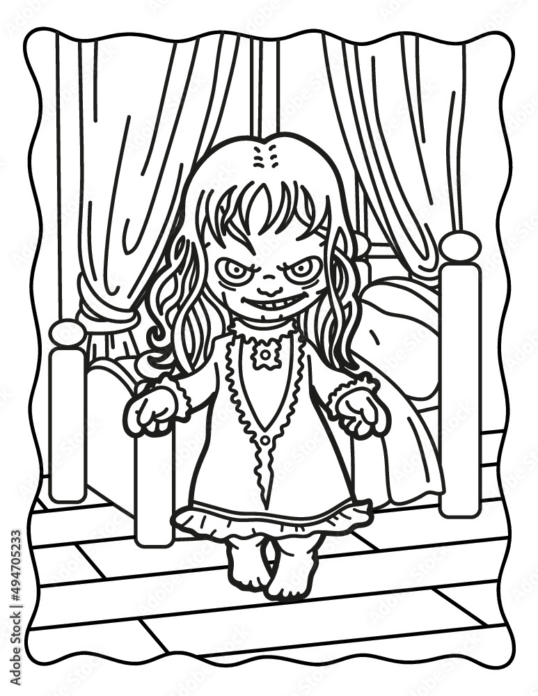 Coloring book for children creepy girl in the bedroom coloring book for adults halloween coloring book for halloween cute horror movies vector