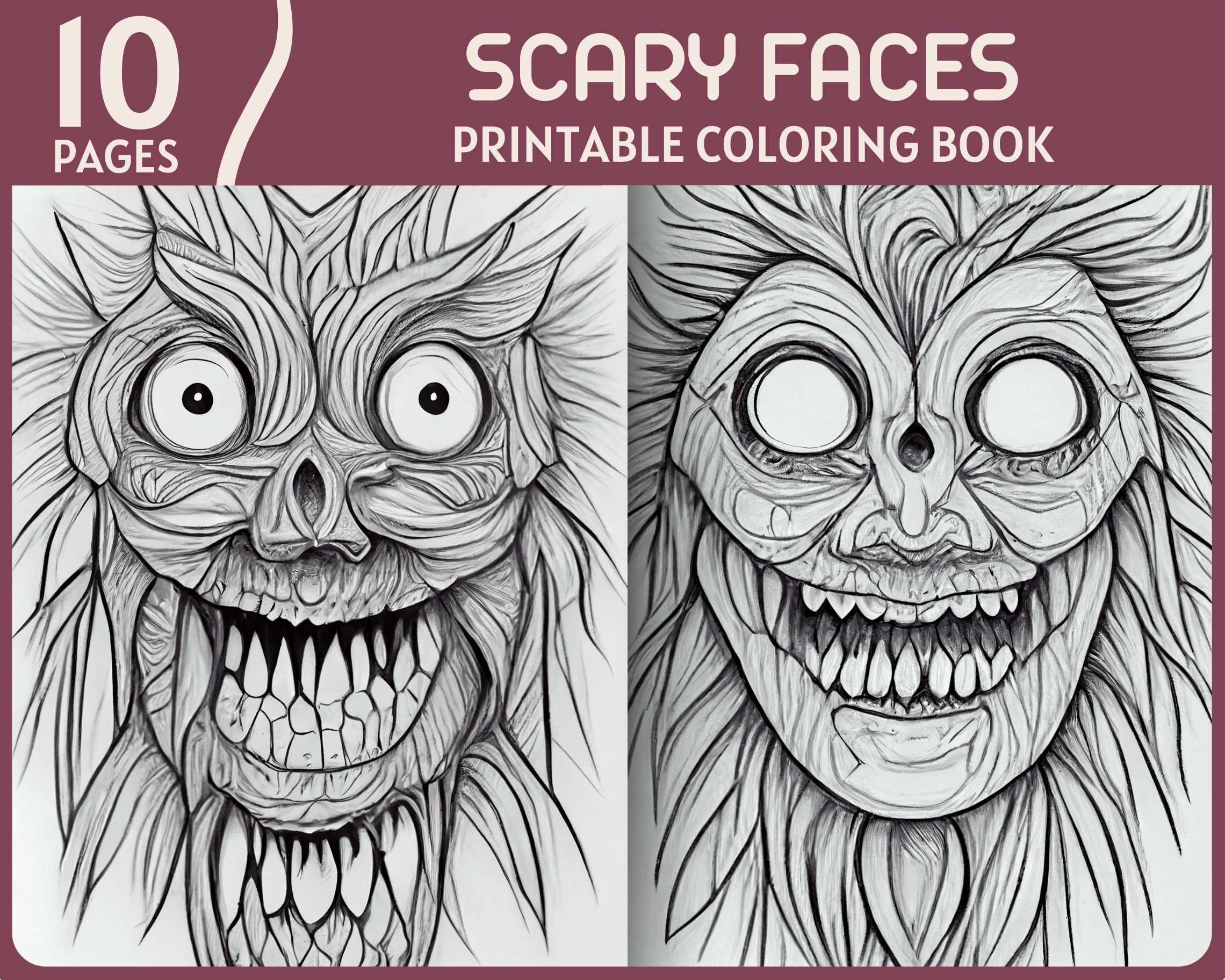 Scary faces coloring pages horror theme monsters printable coloring book spooky monster drawings download now