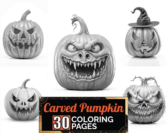 Scary carved pumpkin coloring book greyscale illustration adult kids halloween page a size sheet printable digital pdf download