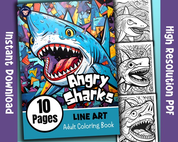 Angry sharks line art coloring book scary coloring book shark coloring book sharks colouring line art coloring pages fish coloring