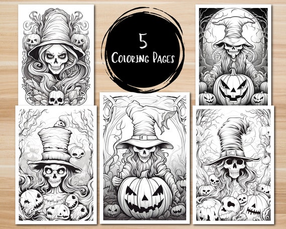 Halloween coloring page undead witch coloring page printable scary coloring page zombie coloring sheet jack o lantern