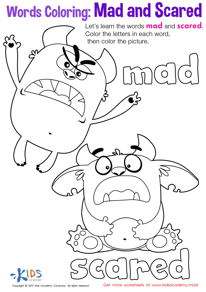 Mad and scared words coloring worksheet free coloring page printout for kids