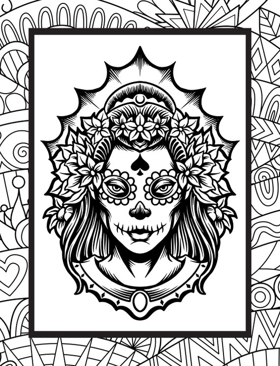 Female sugar skull coloring page for adults dia de los muertos scary coloring page halloween free download print x at home