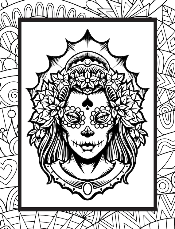 Female sugar skull coloring page for adults dia de los muertos scary coloring page halloween free download print x at home