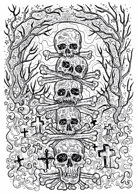 Skulls printable coloring page spooky gothic halloween pirate downloadable coloring sheet skull art coloring book page for adults