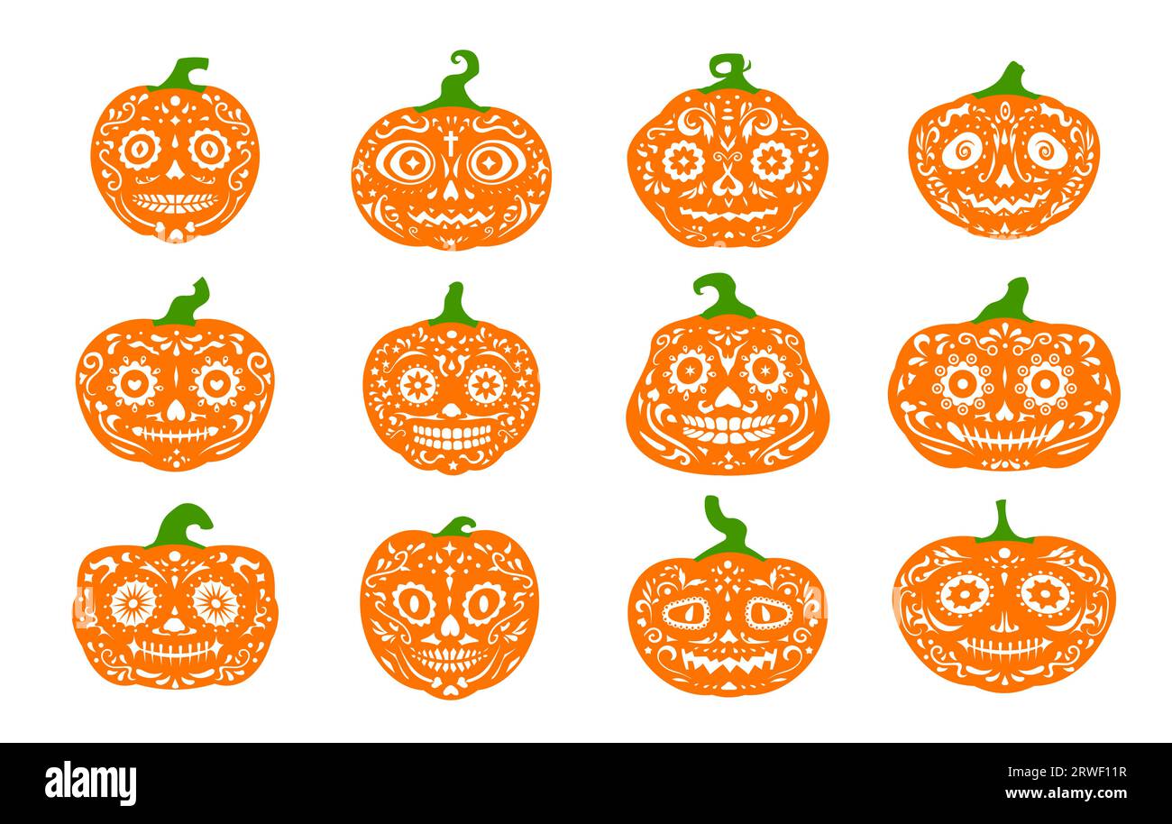 Halloween party mexican pumpkins dia de los muertos characters with calavera sugar skull pattern halloween holiday