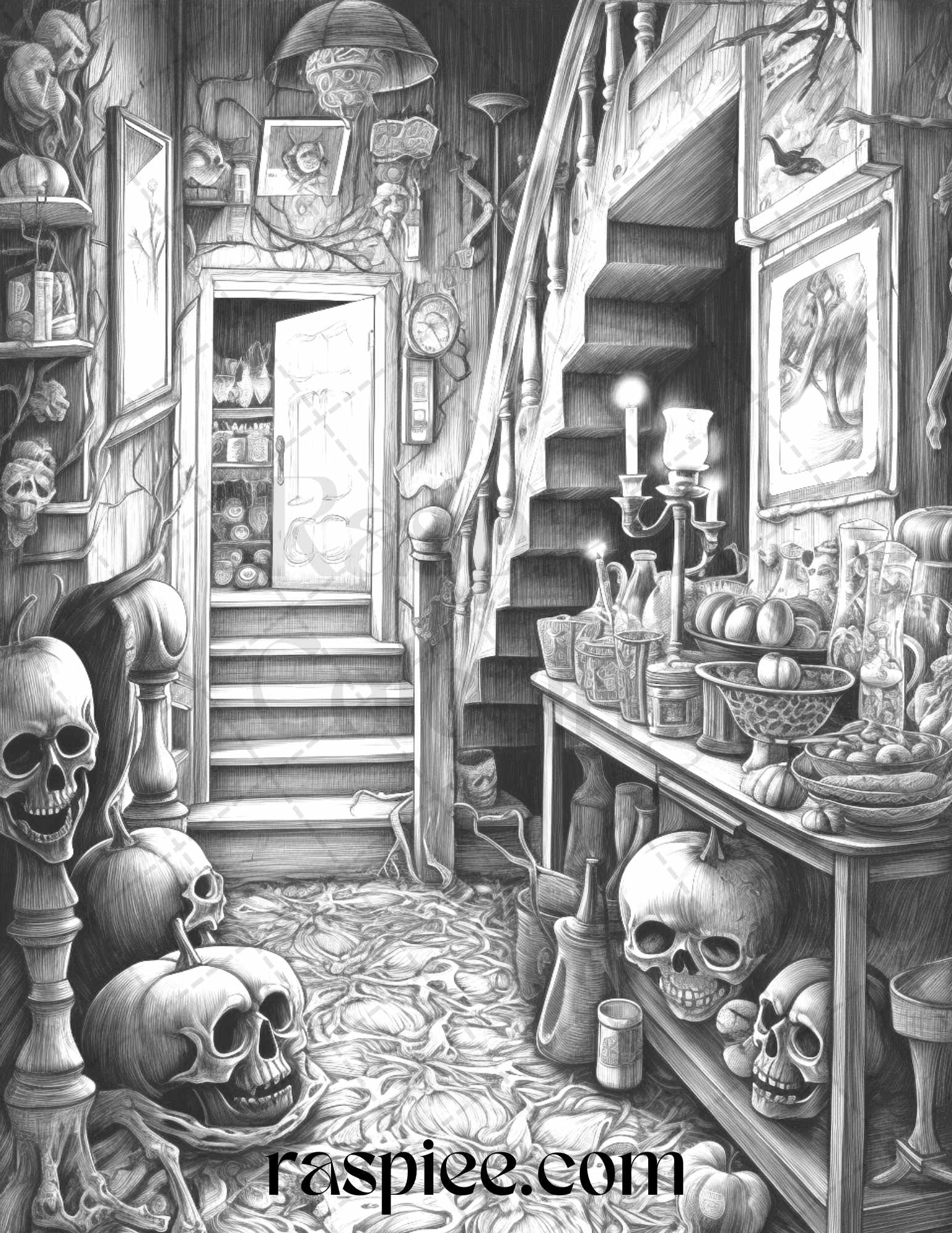 Spooky halloween home decor printable grayscale coloring pages for â coloring