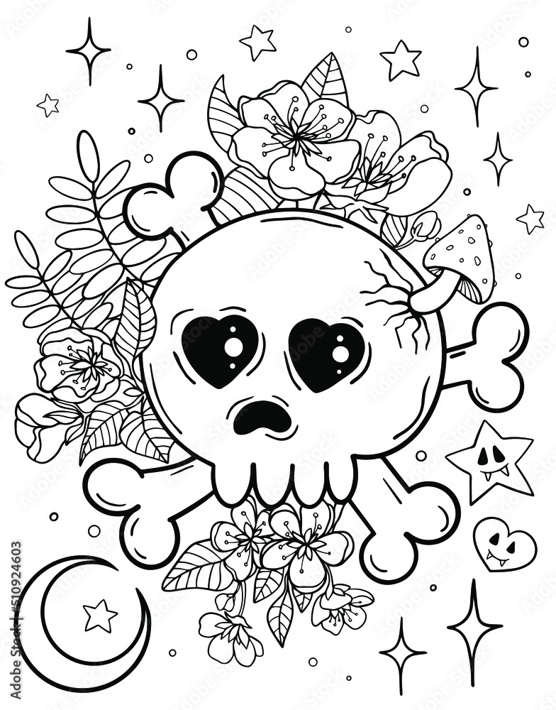 Coloring book for adults coloring page for adults skull and flowers kawaii horror halloween vector