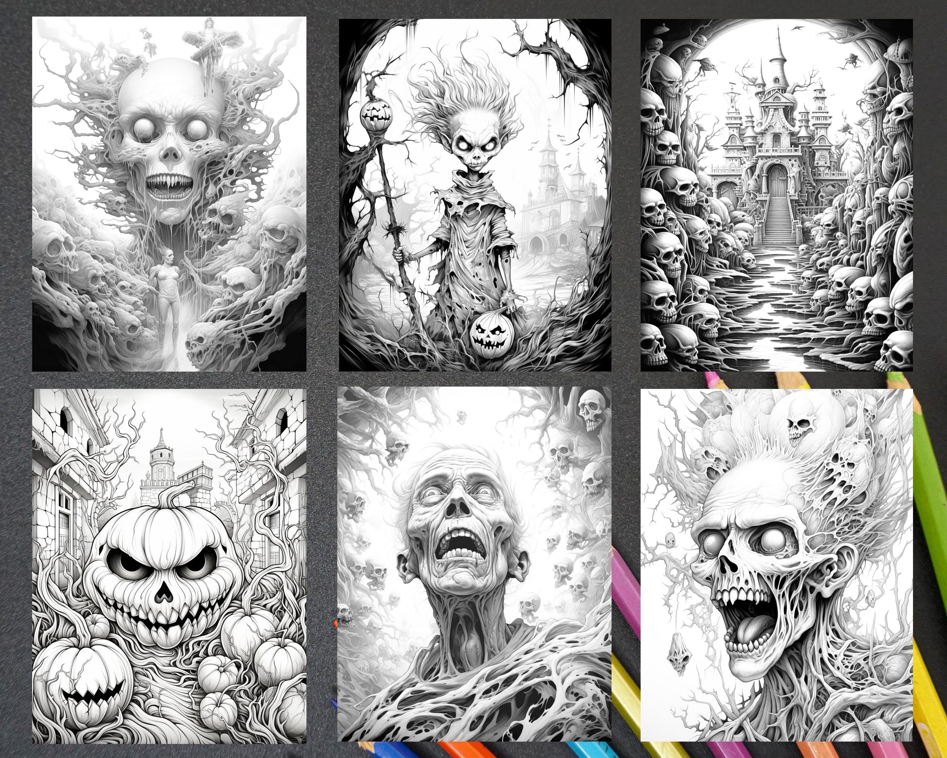 Halloween nightmare grayscale coloring pages printable for adults â coloring