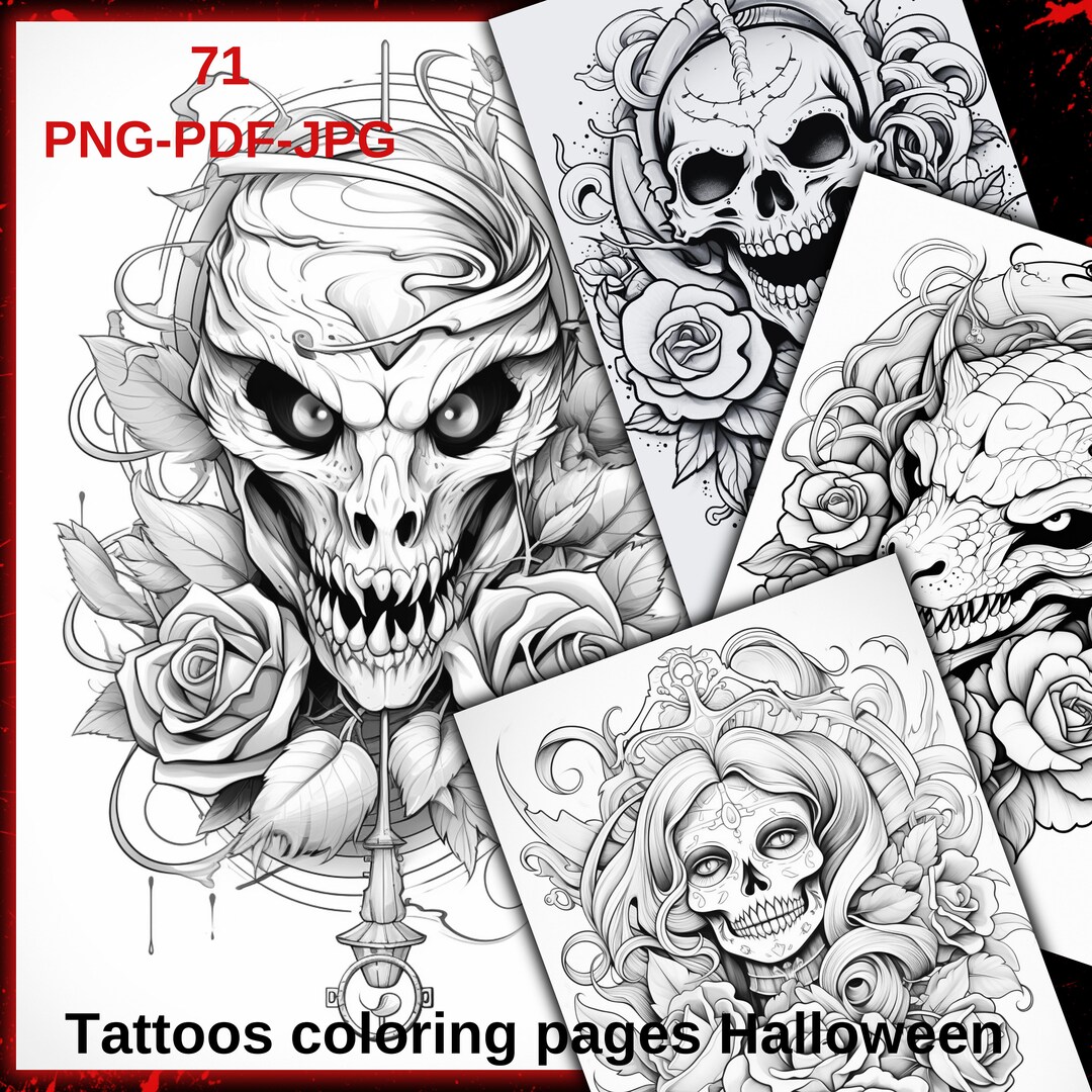 Tatoo coloring pages halloween coloring pages for halloween instant download printable pdf