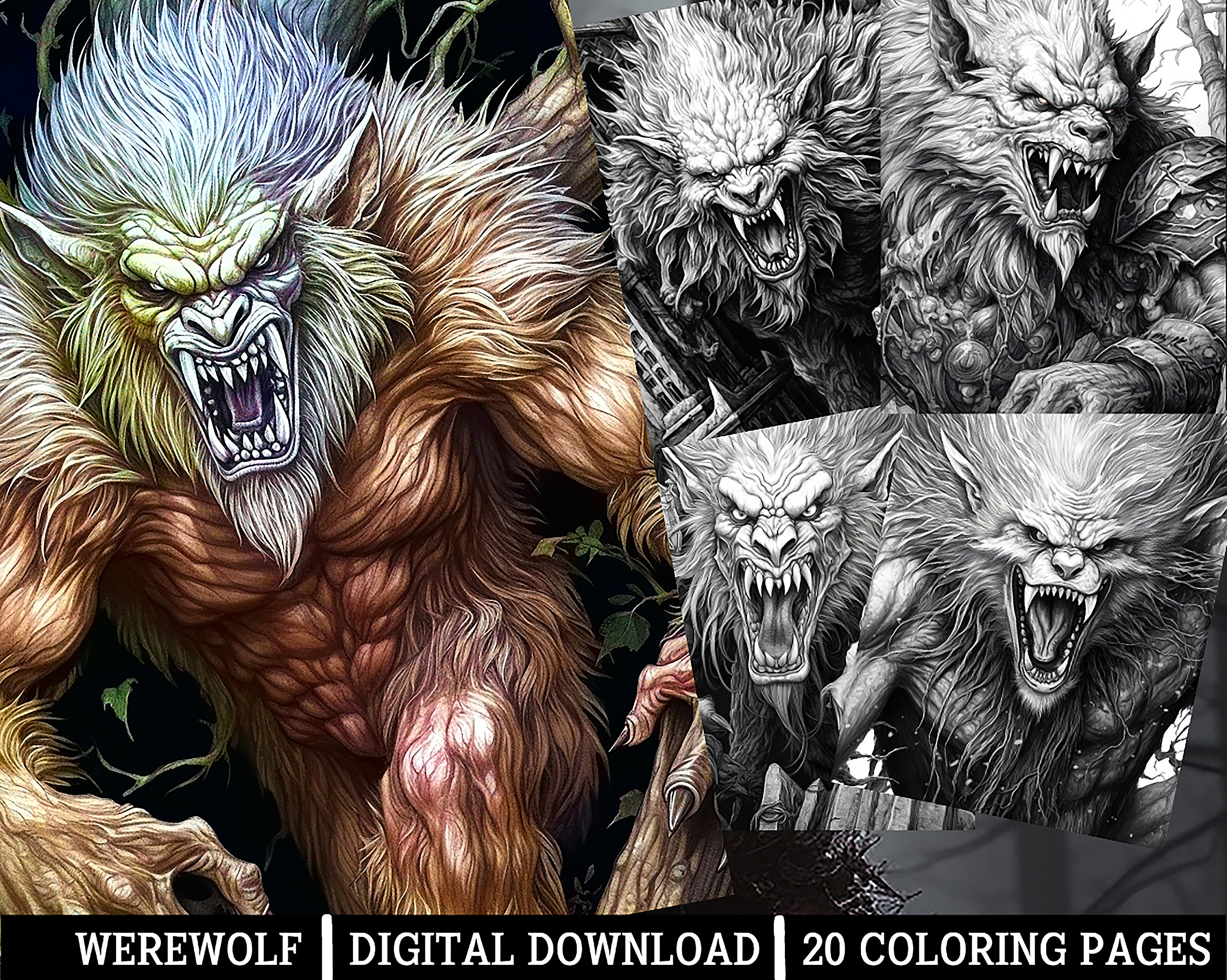 Werewolf coloring pagesfor adults instant download grayscale coloring pageprintable pngjpeg coloring for adults horror themed artworks