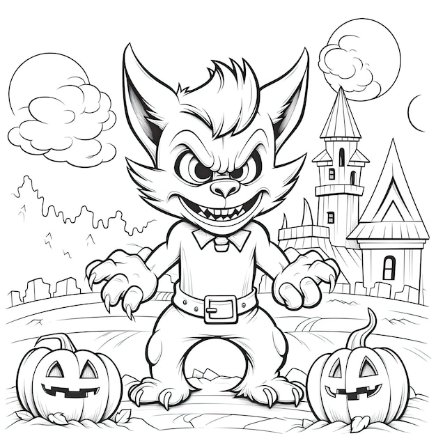 Premium ai image werewolf simple children coloring page halloween cute white background book isolated bold scary