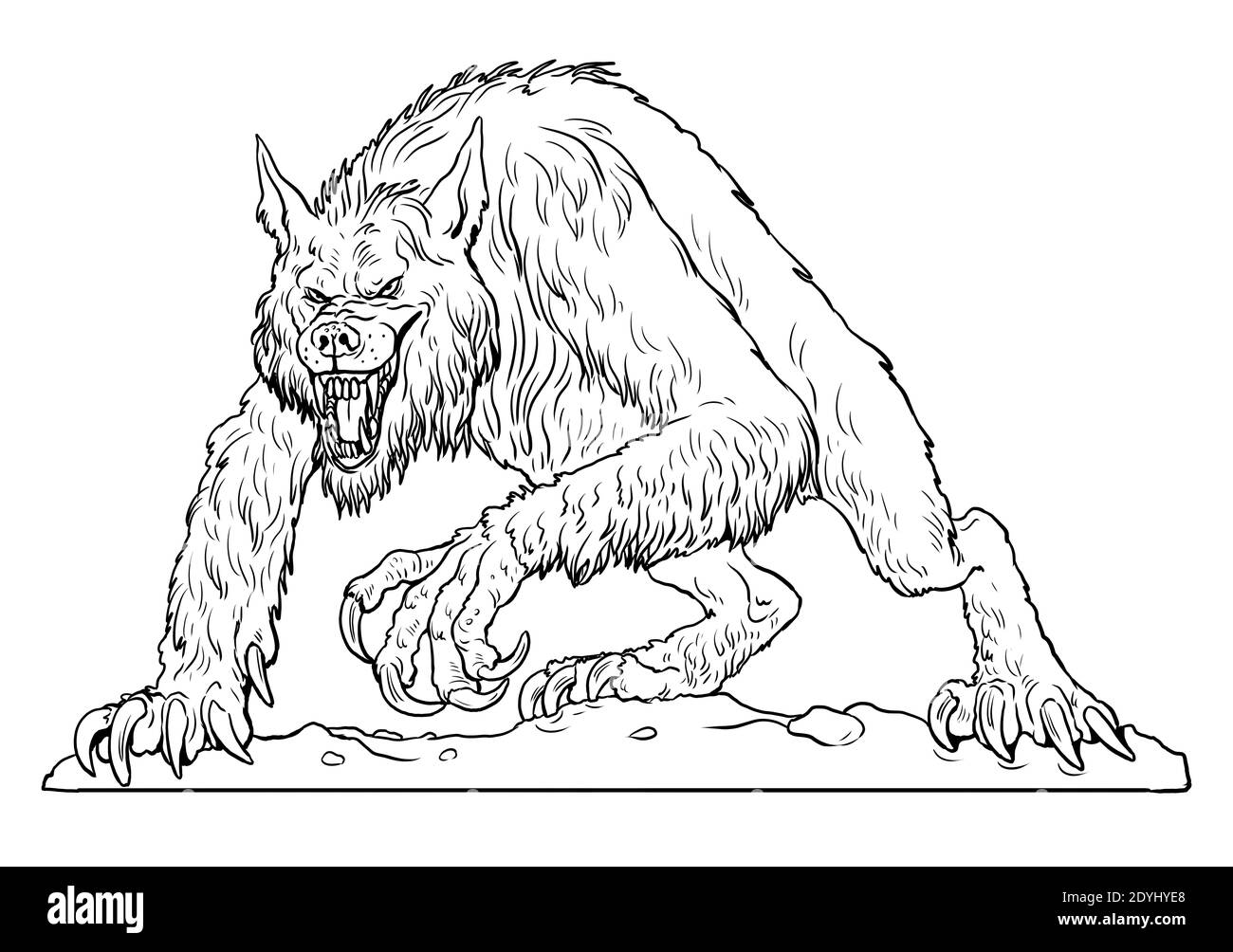 Werewolf howls on moon drawing fantasy monster coloring template stock photo