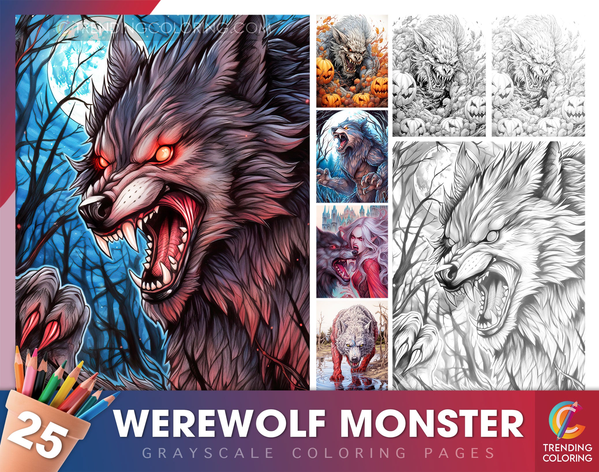 Werewolf monster grayscale coloring pages