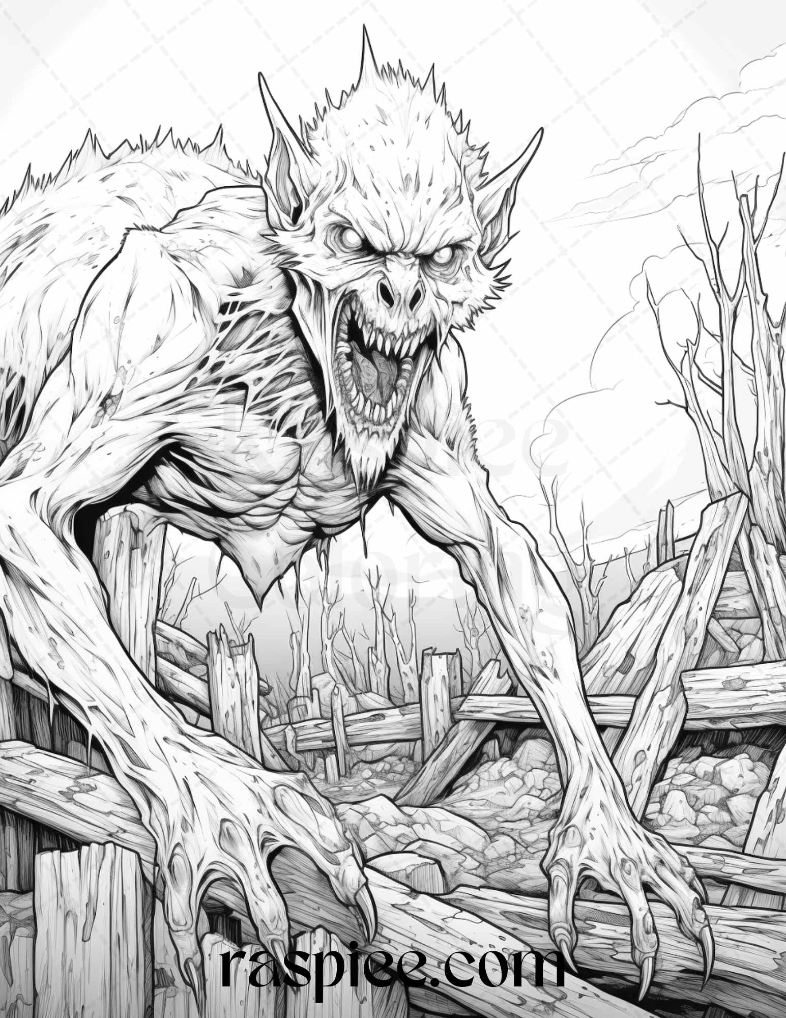 Horror zombie animals grayscale coloring pages printable for adults â coloring