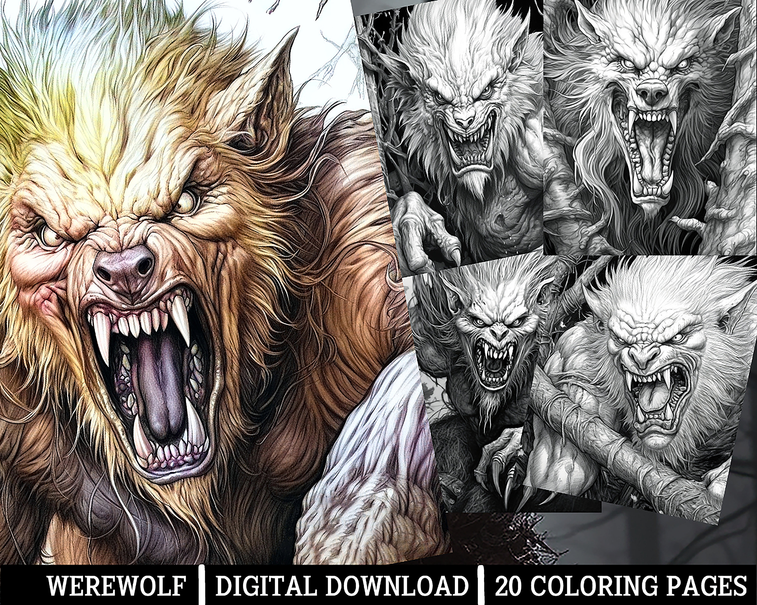 Werewolf coloring pagesfor adults instant download grayscale coloring pageprintable pngjpeg coloring for adults horror themed artworks