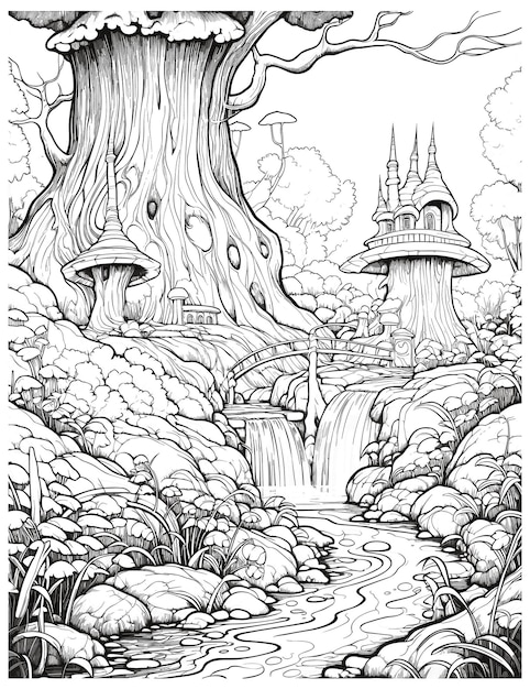 Premium vector a coloring page with a forest scene