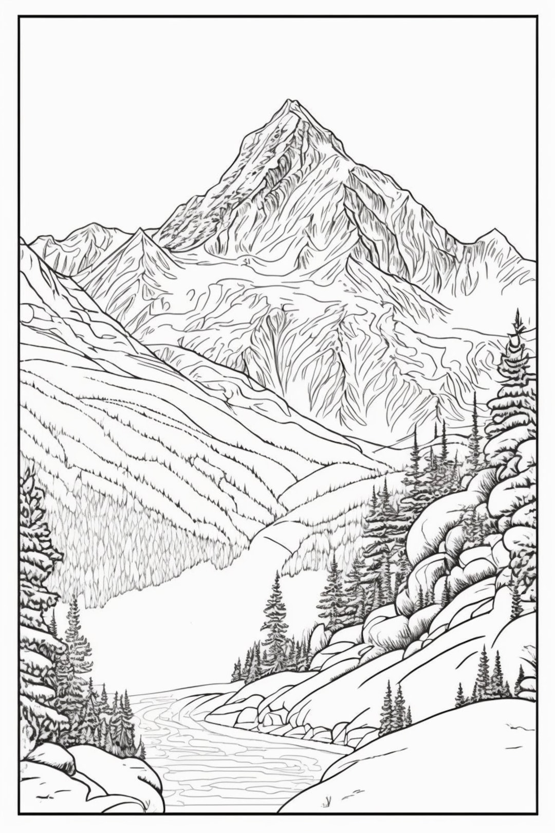 Coloring pages mountain scenes black and white for coloring digital download