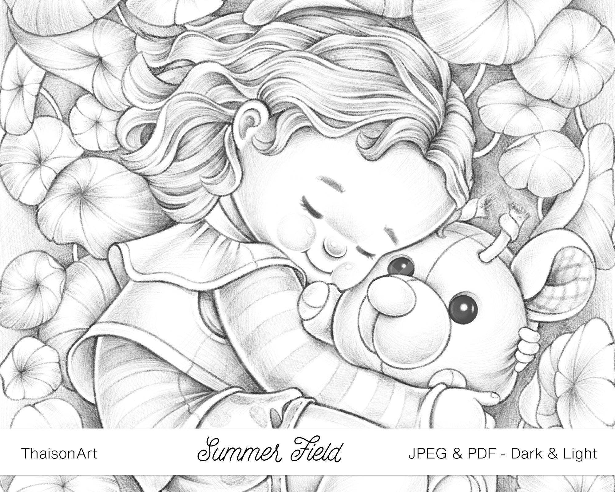 Summer field kids coloring page printable adult coloring page downloadable pdf girl love scenery coloring book page illustration stamp download now