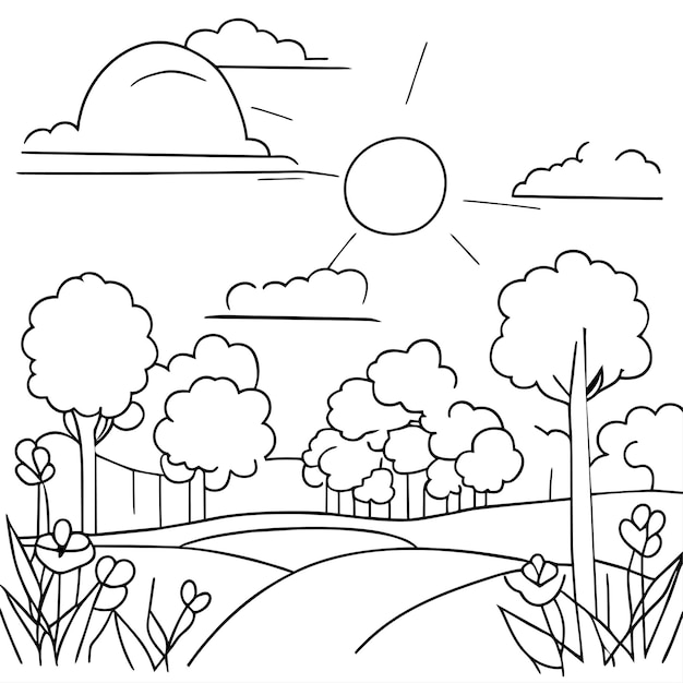 Premium vector coloring page landscape nature scenes with sun clouds or meadow landscape scene many trees flower