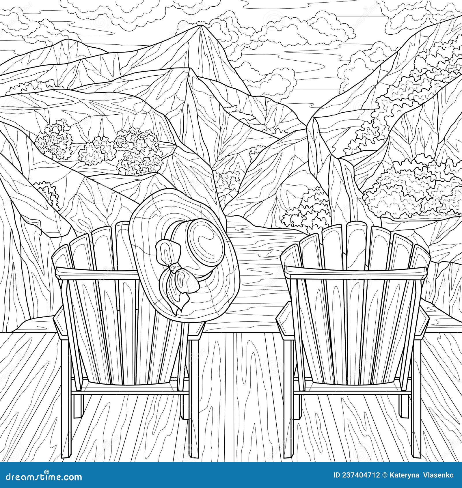 Two chairs and mountains scenerycoloring book antistress for children and adults stock vector