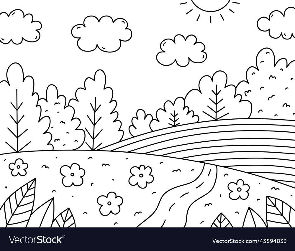 Cute kids coloring page landscape with clouds vector image