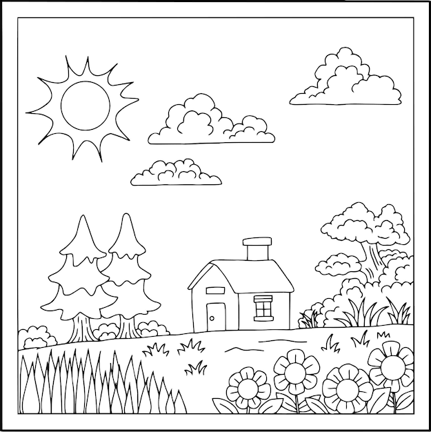 Premium vector design vector landscape house coloring page for kid