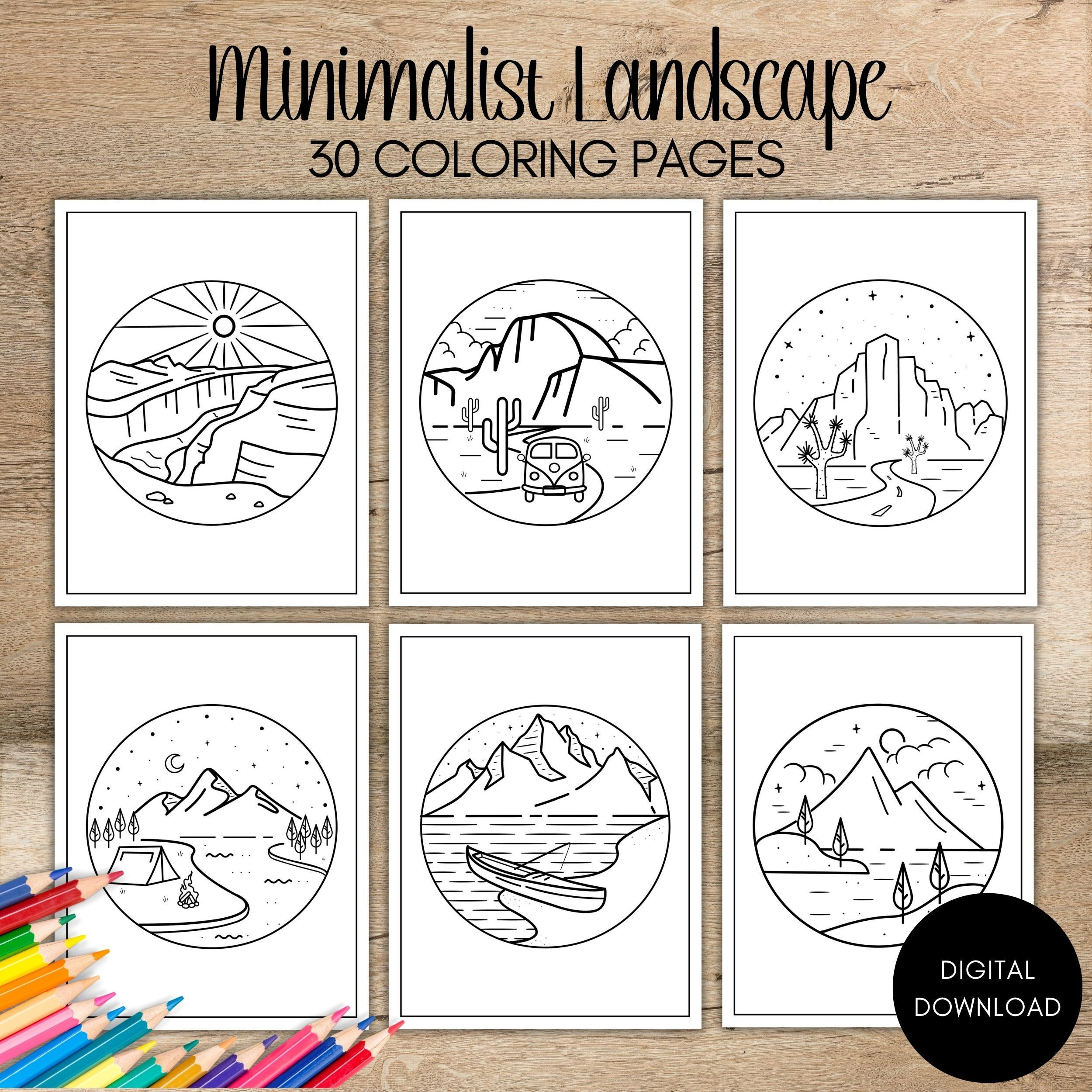 Landscape coloring pages minimalist scenery coloring adult printable coloring book mountain coloring pages printable minimalist coloring