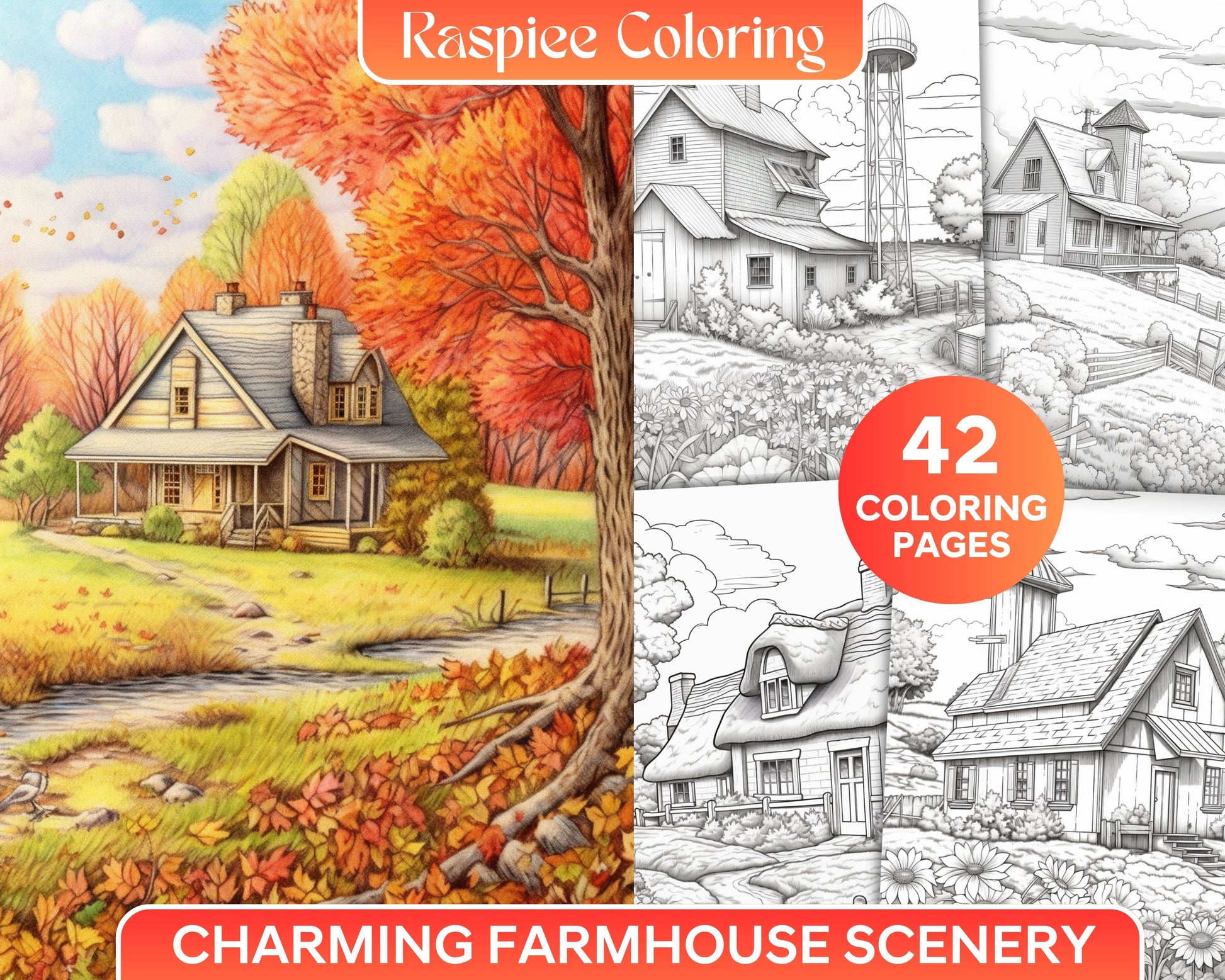 Charming farmhouse scenery grayscale coloring pages printable for adul â coloring