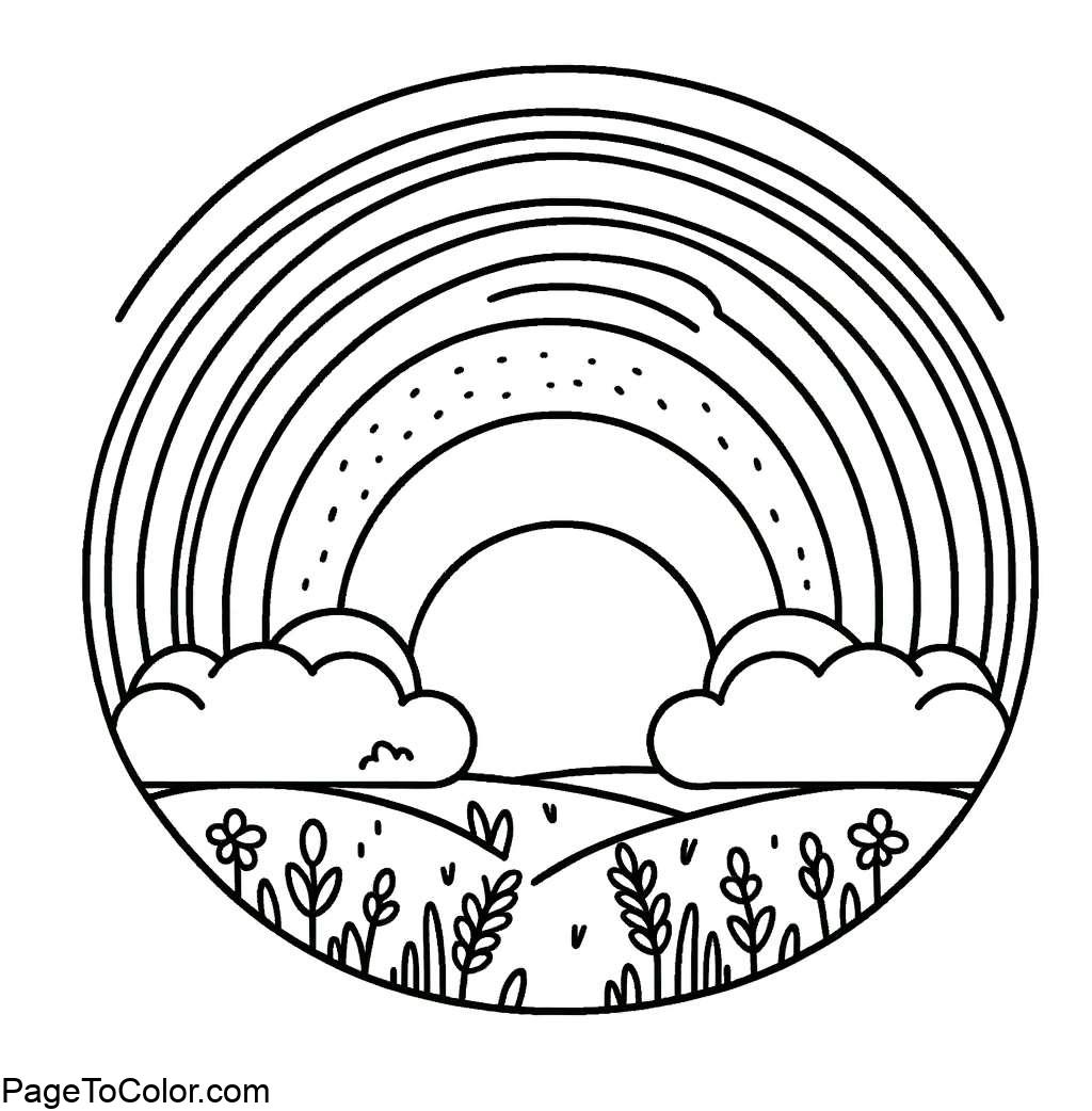 Rainbow coloring page minimalist landscape