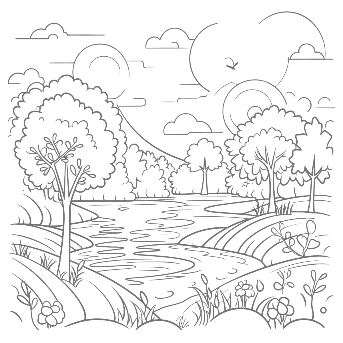 Landscape coloring pages with trees and a river outline sketch drawing vector tree drawing river drawing landscape drawing png and vector with transparent background for free download